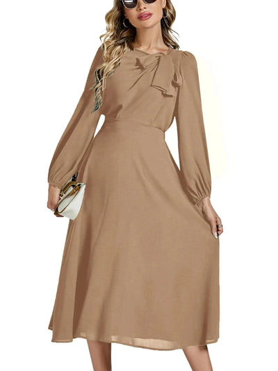 LYANER Womens Elegant Bow Tie Crew Neck Puff Long Sleeve A - Line Swing Midi Dress Light Khaki Large - Maricel Long