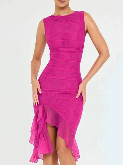 Elegant Ruffle Ruched Midi Dress - Maricel Long