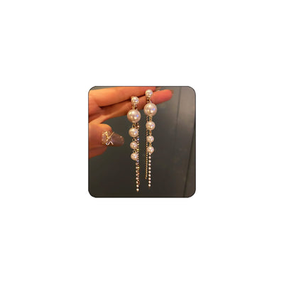 Pearl Earrings for Women - Sparkle Rhinestone Drop Tassel Dangle Earrings - Dainty Freshwater Pearl Bridal Wedding Birthday Christmas Jewelry - Maricel Long