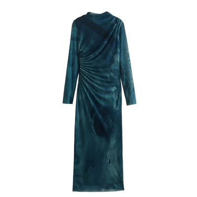 Printed Silk Net Slim - Fit Long Sleeve Dress - Maricel Long