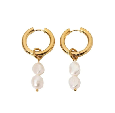 Double Freshwater Pearl Pendant Earrings - Gold - Plated Stainless Steel - Maricel Long