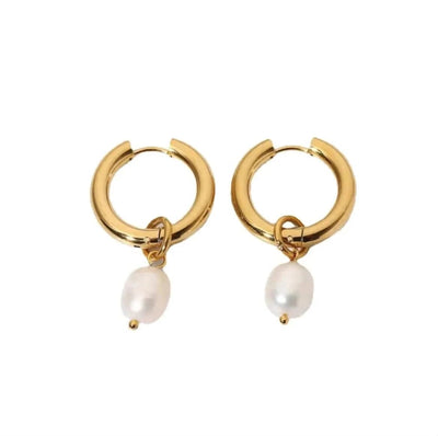 Double Freshwater Pearl Pendant Earrings - Gold - Plated Stainless Steel - Maricel Long