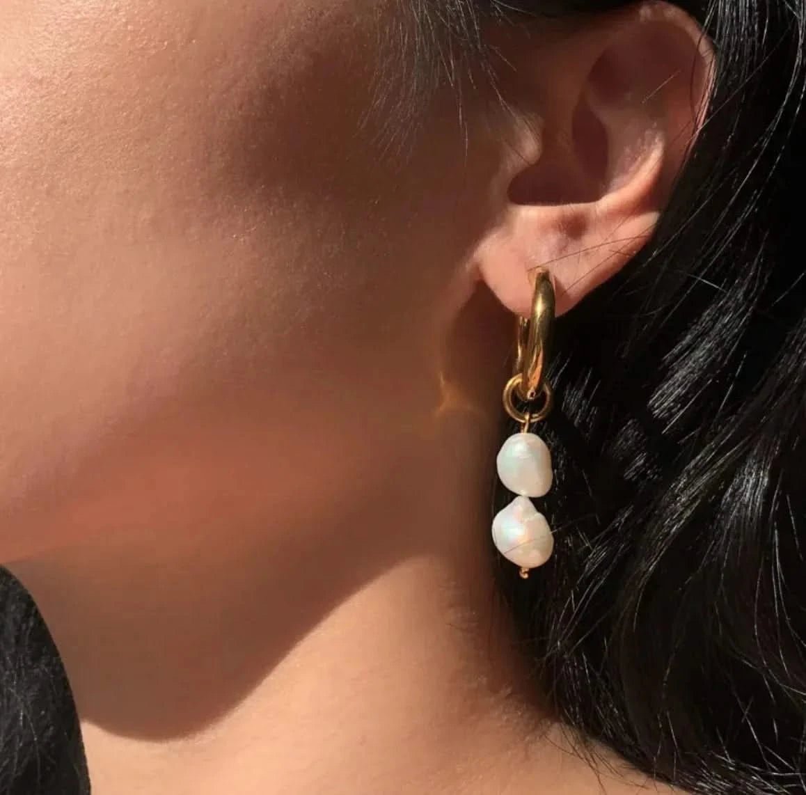 Double Freshwater Pearl Pendant Earrings - Gold - Plated Stainless Steel - Maricel Long