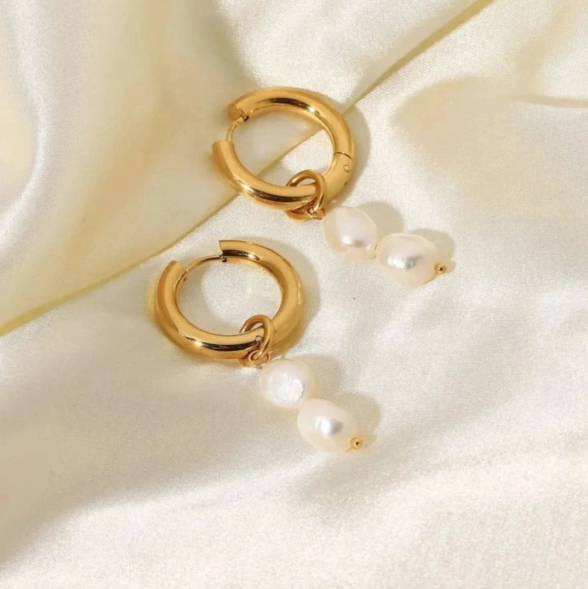 Double Freshwater Pearl Pendant Earrings - Gold - Plated Stainless Steel - Maricel Long