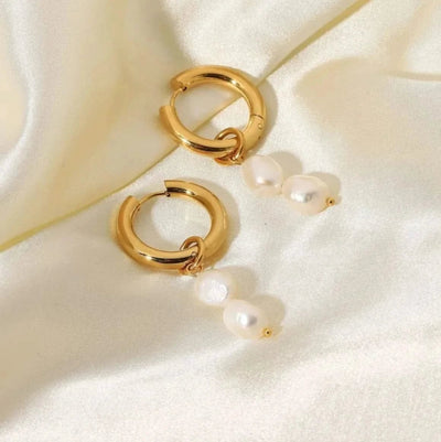 Double Freshwater Pearl Pendant Earrings - Gold - Plated Stainless Steel - Maricel Long