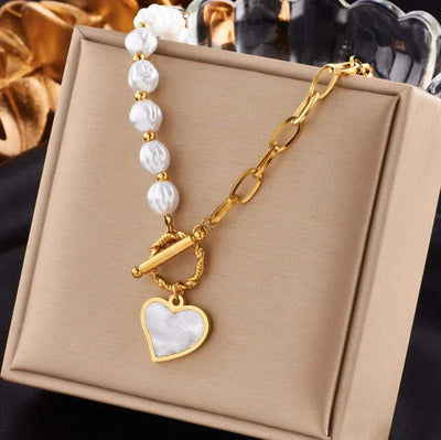 Titanium Steel Pearl Stitching Necklace – Peach Heart OT Buckle Clavicle Design - Maricel Long