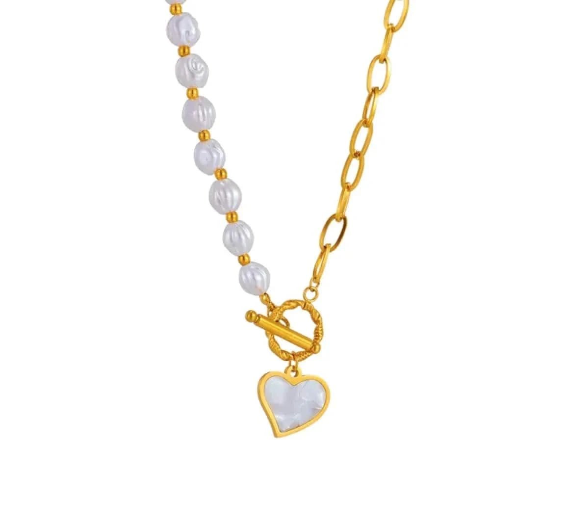 Titanium Steel Pearl Stitching Necklace – Peach Heart OT Buckle Clavicle Design - Maricel Long
