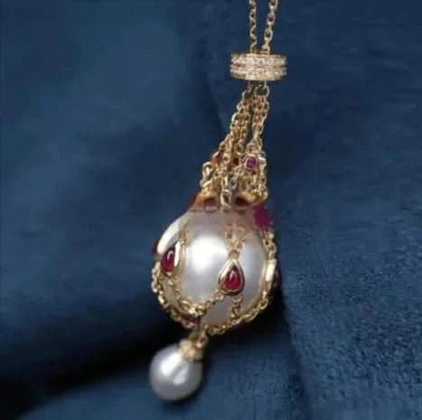 Pearl Gemstone Lavalier Pendant Necklace with Metal Net Bag - Maricel Long
