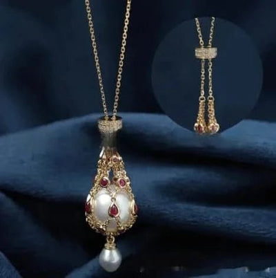 Pearl Gemstone Lavalier Pendant Necklace with Metal Net Bag - Maricel Long