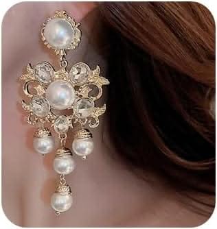 Pearl Crystal Tassel Drop Earrings Gold Plated Statement Dangle Earrings Sparkle Rhinestone Pearls Dangle Drop Earrings Wedding Jewelry Statement Chandelier Earrings for Women - Maricel Long