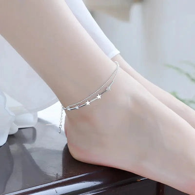 Maricel Long Silver Star Beads Double-Deck Anklet for Women